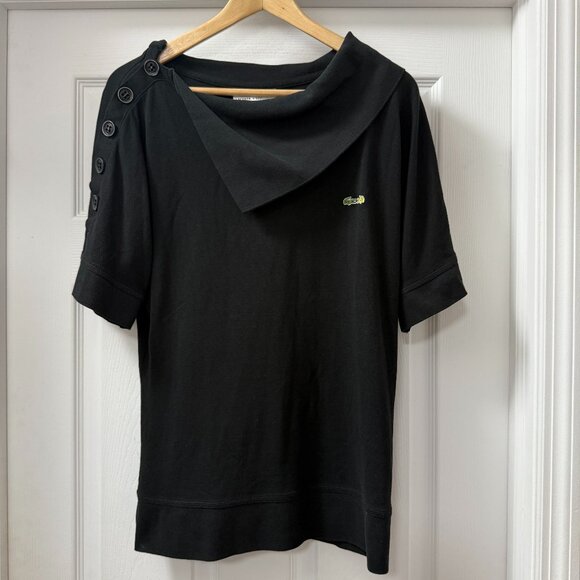 Lacoste + Malandrino Button Shoulder cowl Black 100% cotton top HTF Size Small - Picture 1 of 15